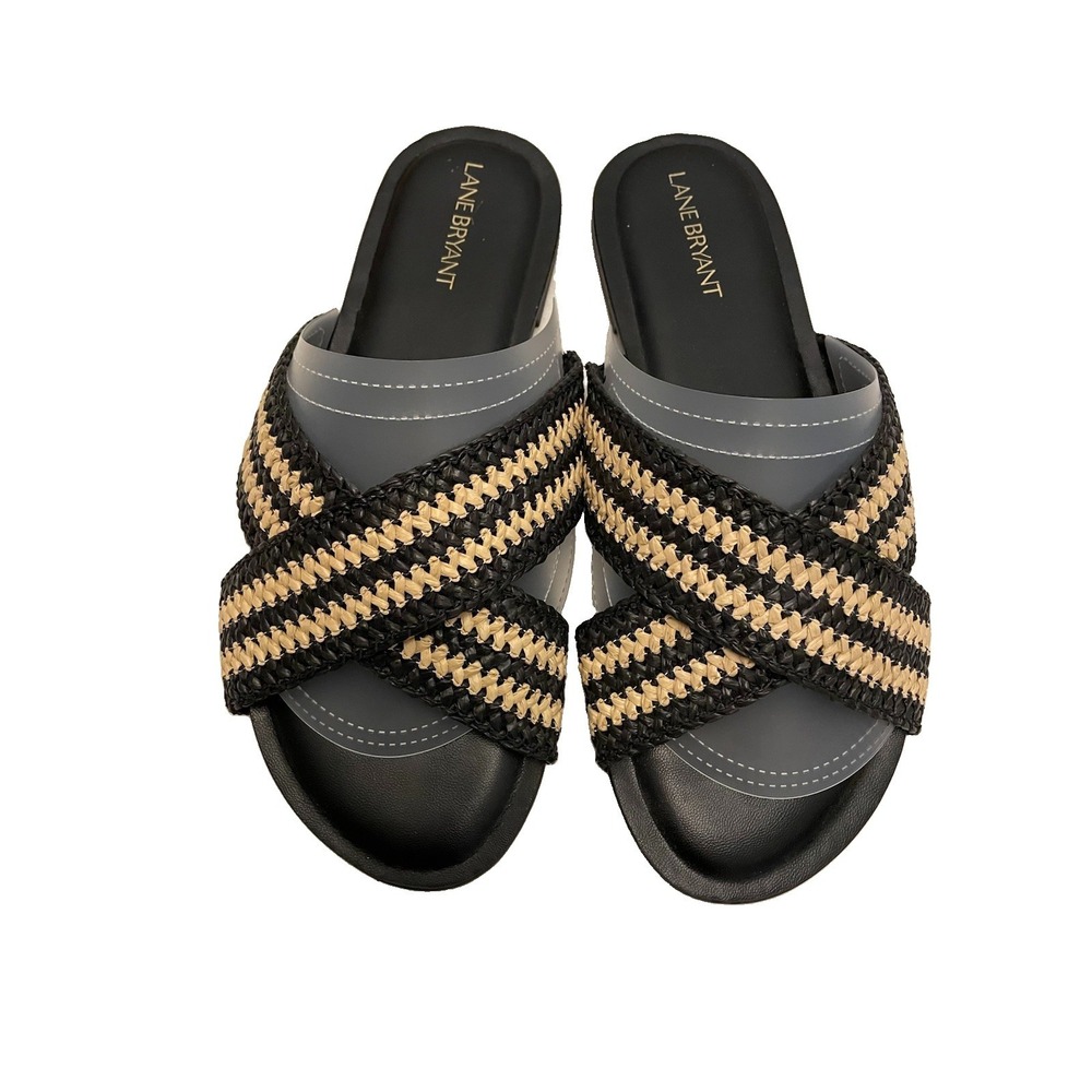 Lane Bryant Women's 9 W Black Beige Gray Striped Braided Strap Slide Sandals